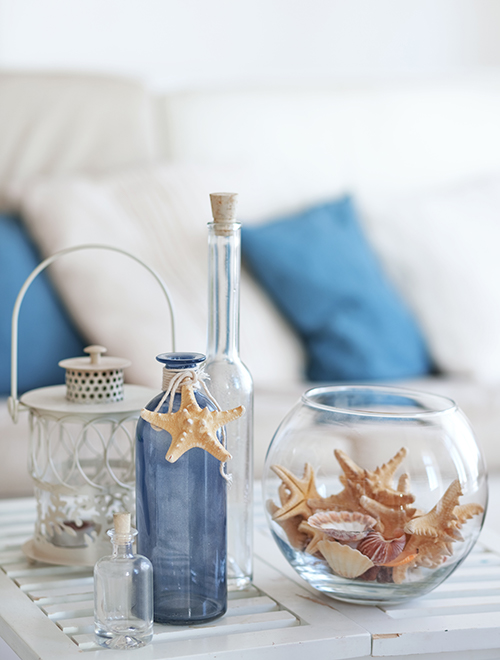 Sea ocean nautical themed decor blue driftwood sea stars white washed wood lantern